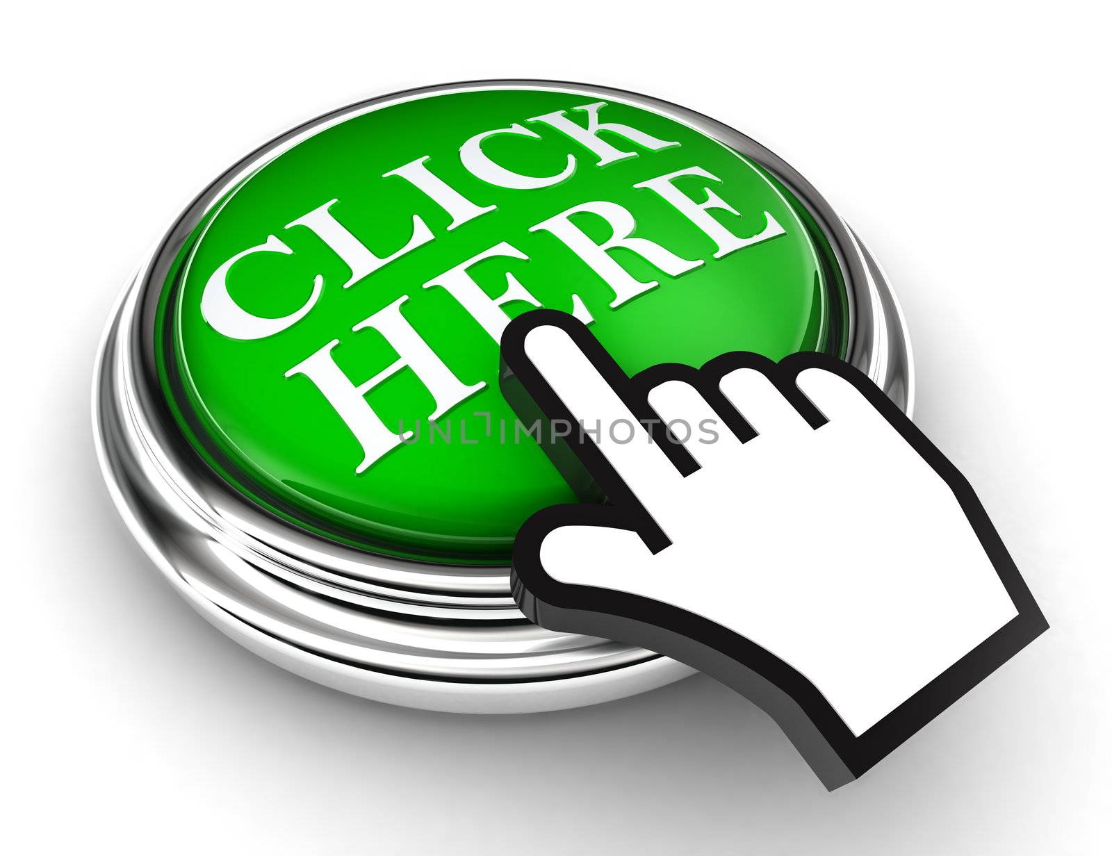 click here green button and cursor hand on white background. clipping paths included