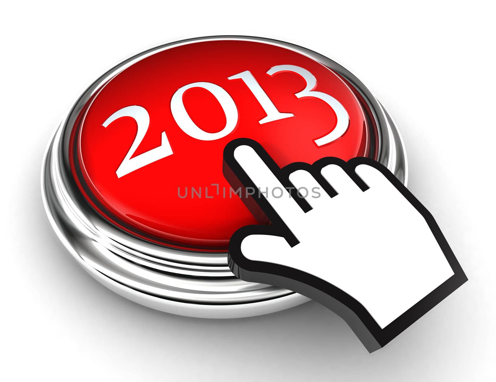 new year red button and cursor hand on white background. clipping paths included