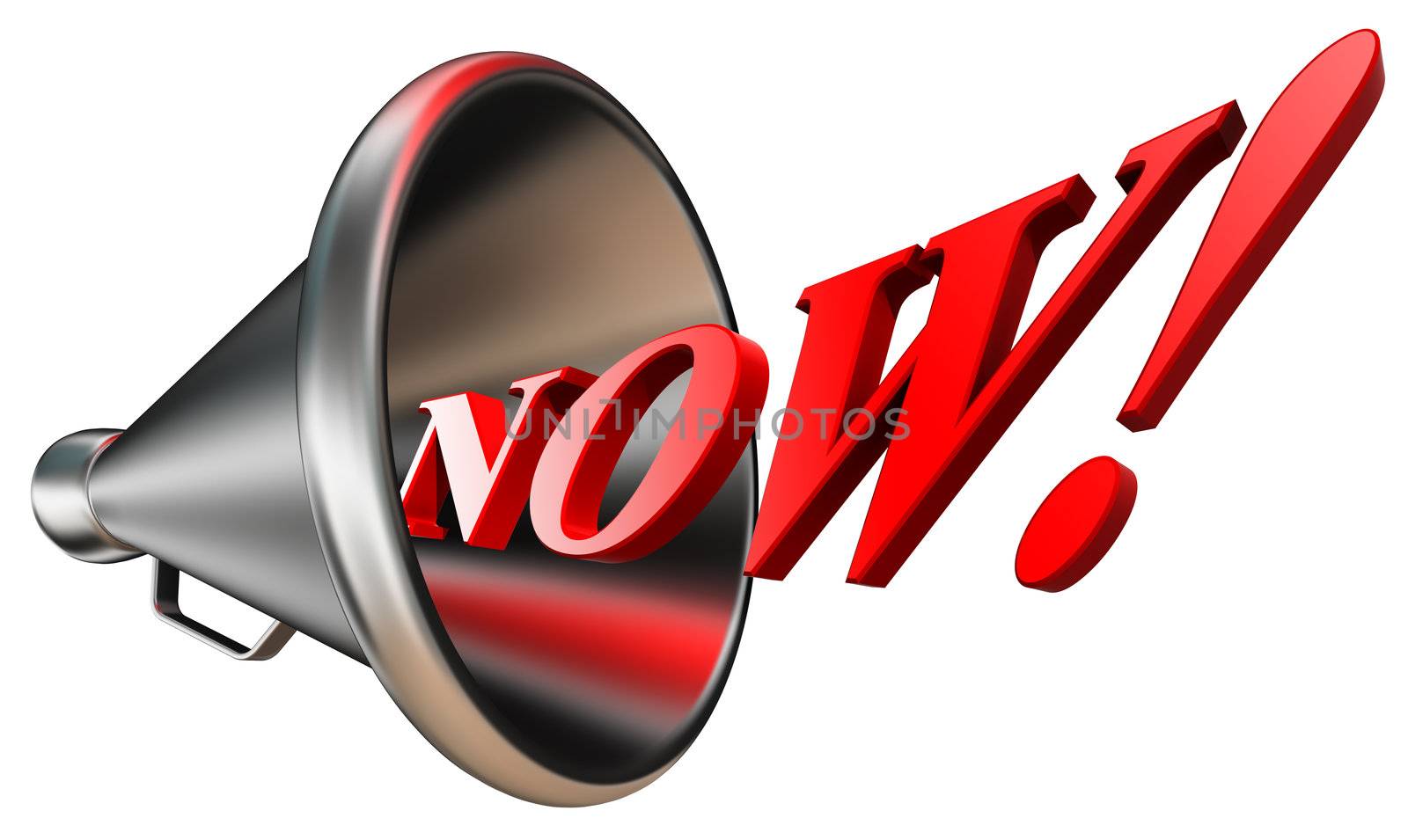 now red word in megaphone isolated on white background. clipping path included
