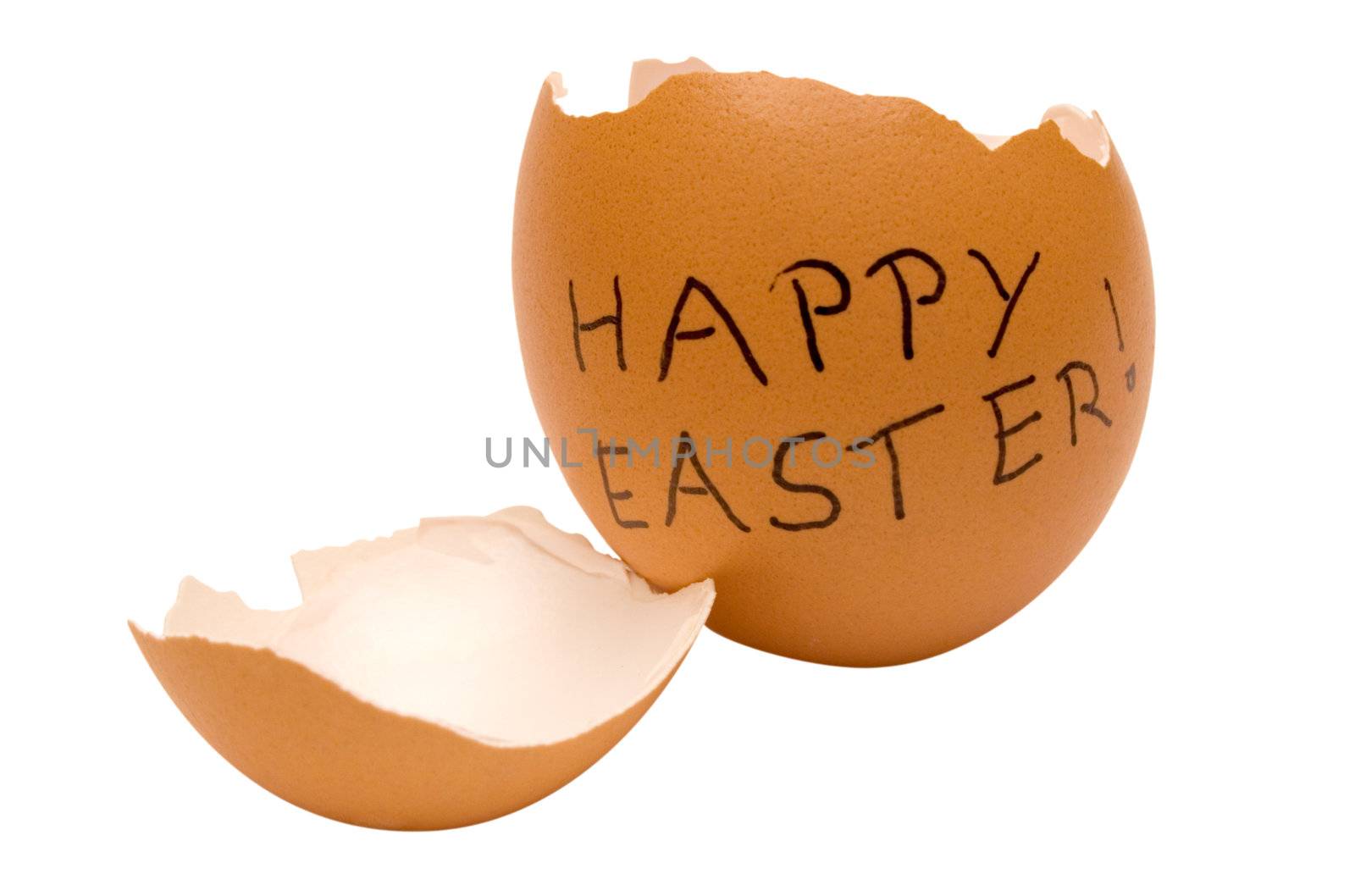 Happy Easter written on a brown egg. Isolated on a white background. File contains clipping path.