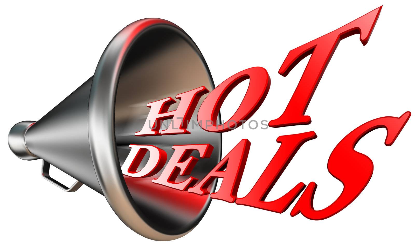 hot deals red word in megaphone isolated on white background. clipping path included