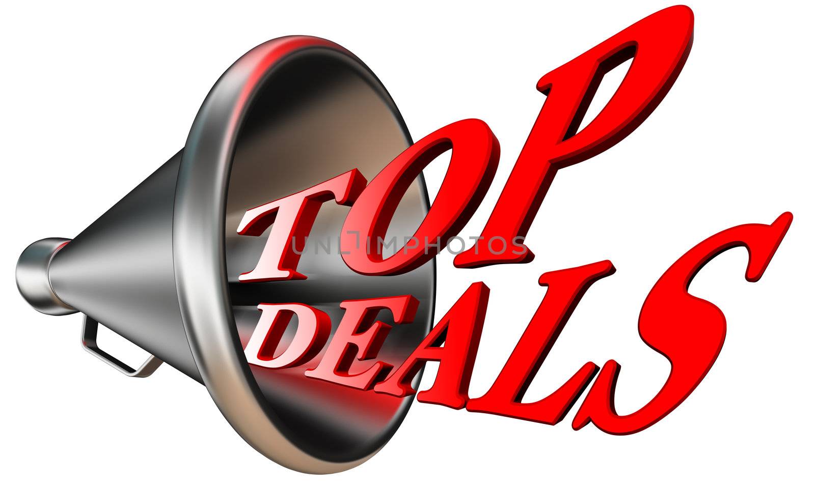 top deals red word in megaphone isolated on white background. clipping path included