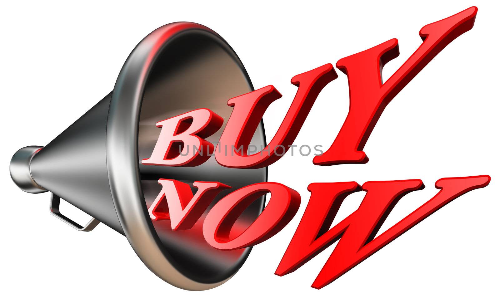 buy now red word in megaphone isolated on white background. clipping path included