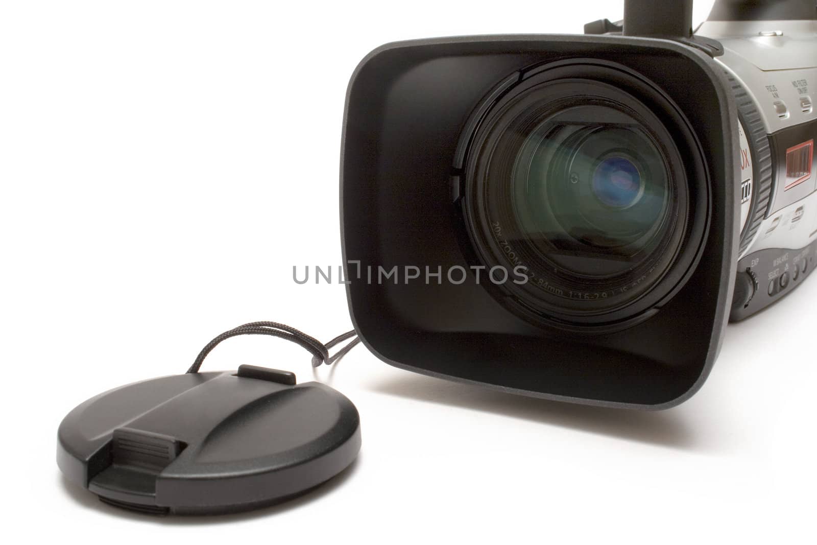Close-up on a professional digital camcorder isolated on a white background.