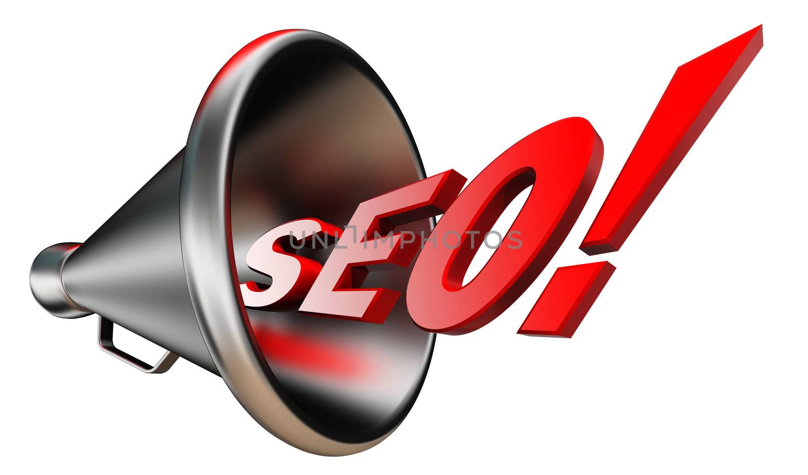 seo red wonrd and conceptual bullhorn on white background. clipping path included