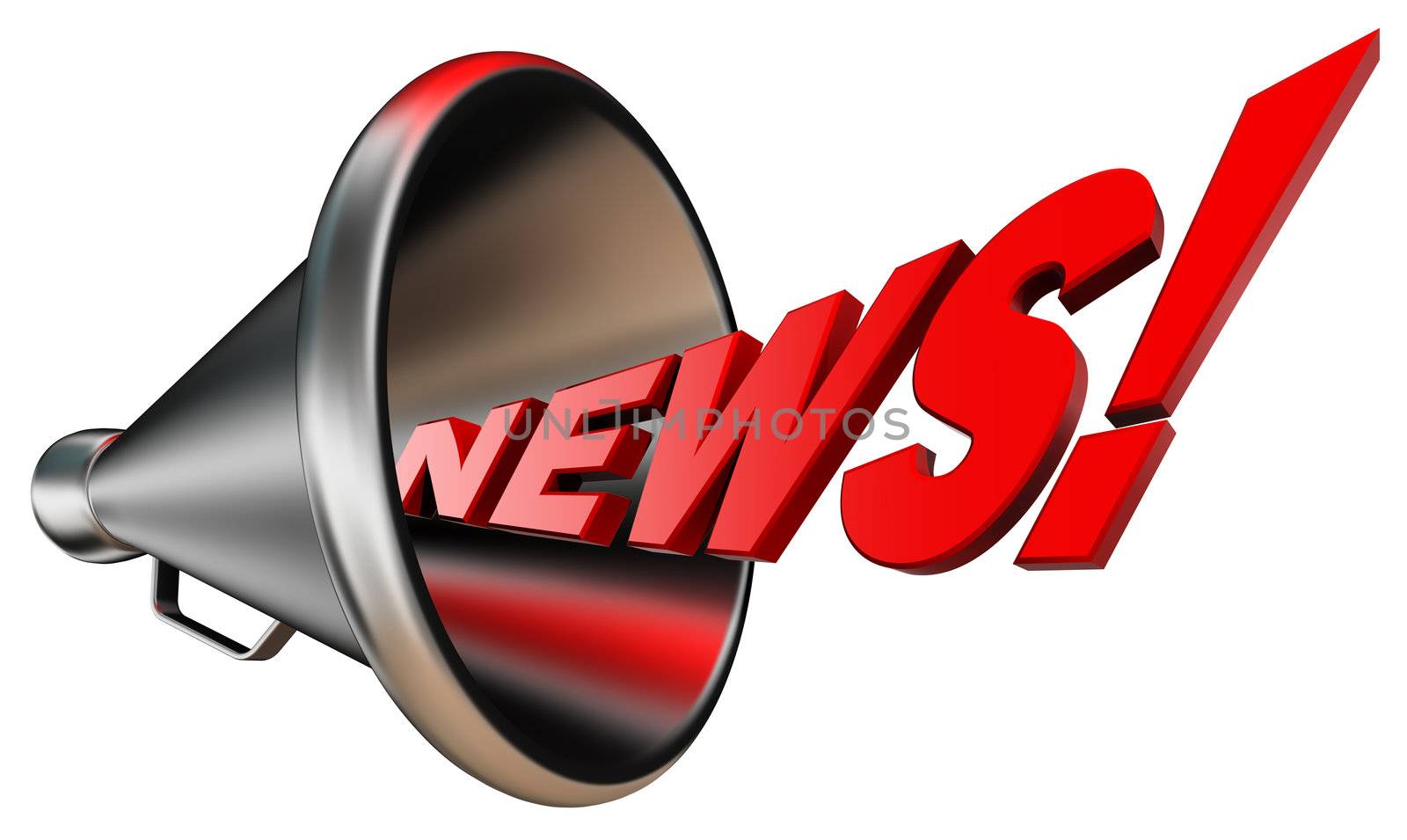 news red word and metal bullhorn on white background. clipping path included