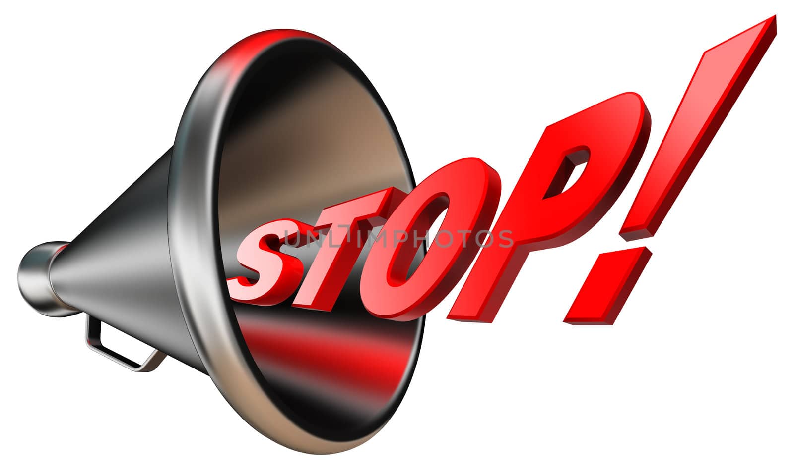 stop red word in bullhorn isolated on white background. clipping path included