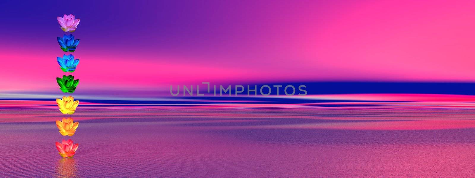 Chakra colors of lily flower in a column upon ocean in pink and blue background