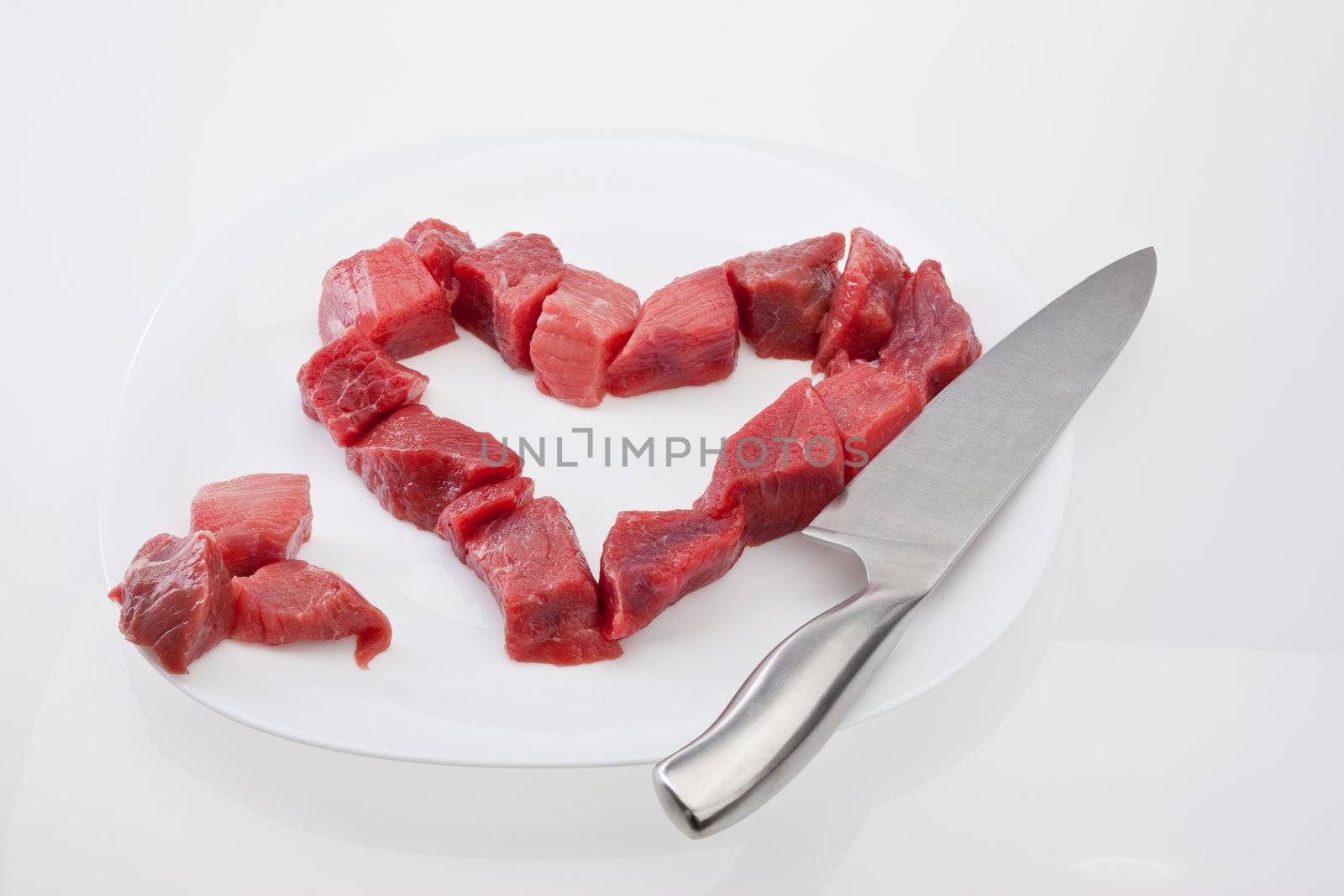 food series: cube sliced raw meat on white plate