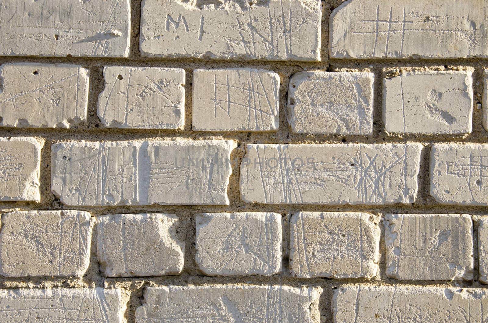 Wall made of white brick closeup detail background sunlighted by sun.