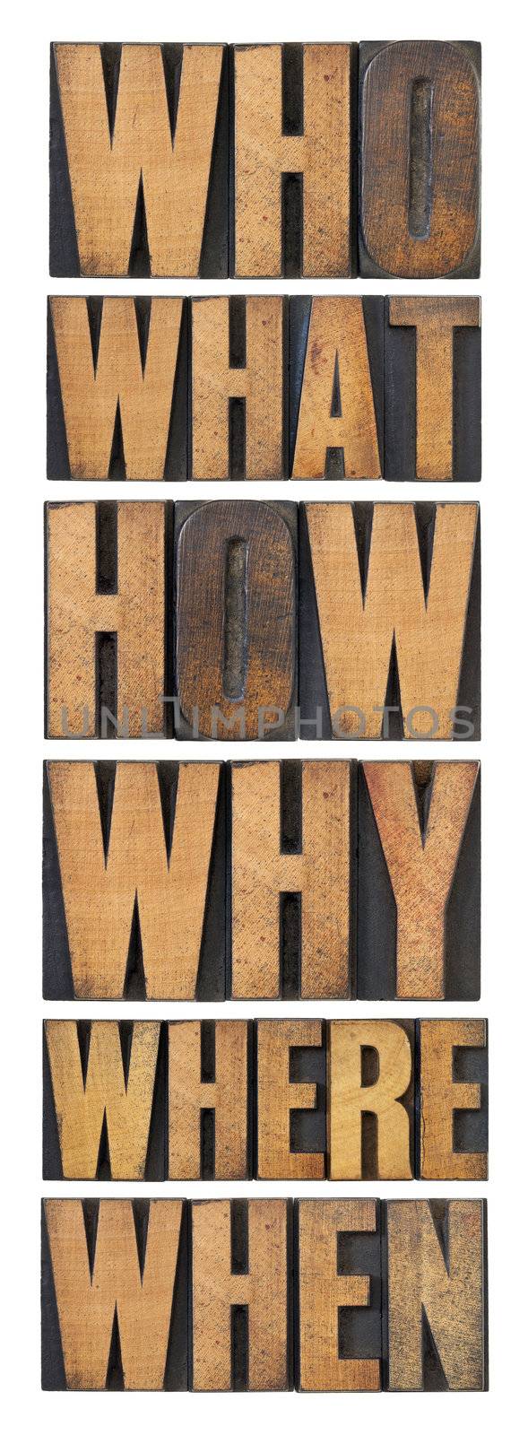 who, what, how, why, where, when, questions  - brainstorming or decision making concept - a collage of isolated words in vintage letterpress wood type arranged in a tall column