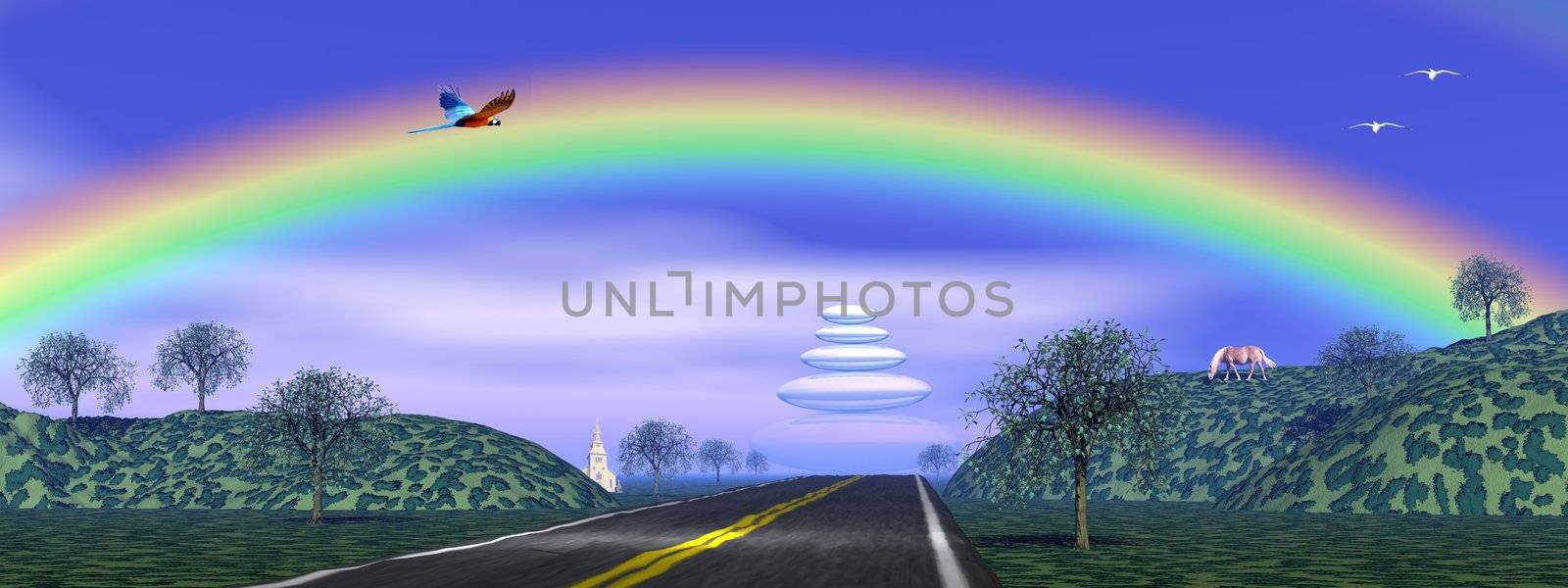 Road in the nature among hills, trees and animals going to peace under rainbow