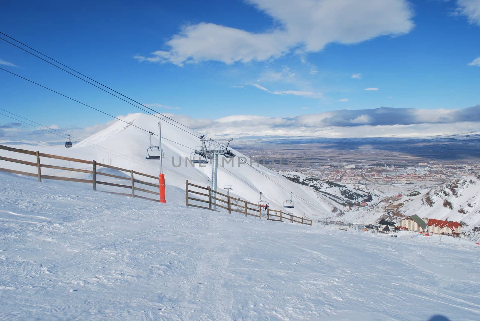 Ski Resort chair lift in Turkey Mountains.Palandoken