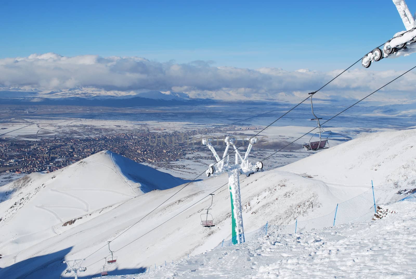 Ski Resort chair lift in Turkey Mountains.Palandoken