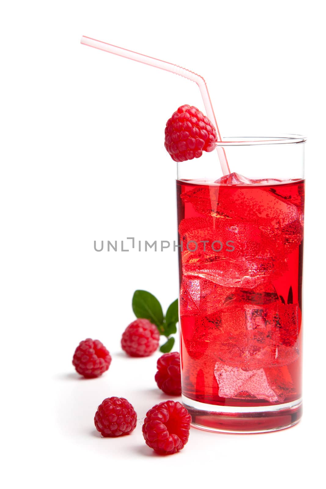 raspberry Cocktail with ice and berry, isolated on white background