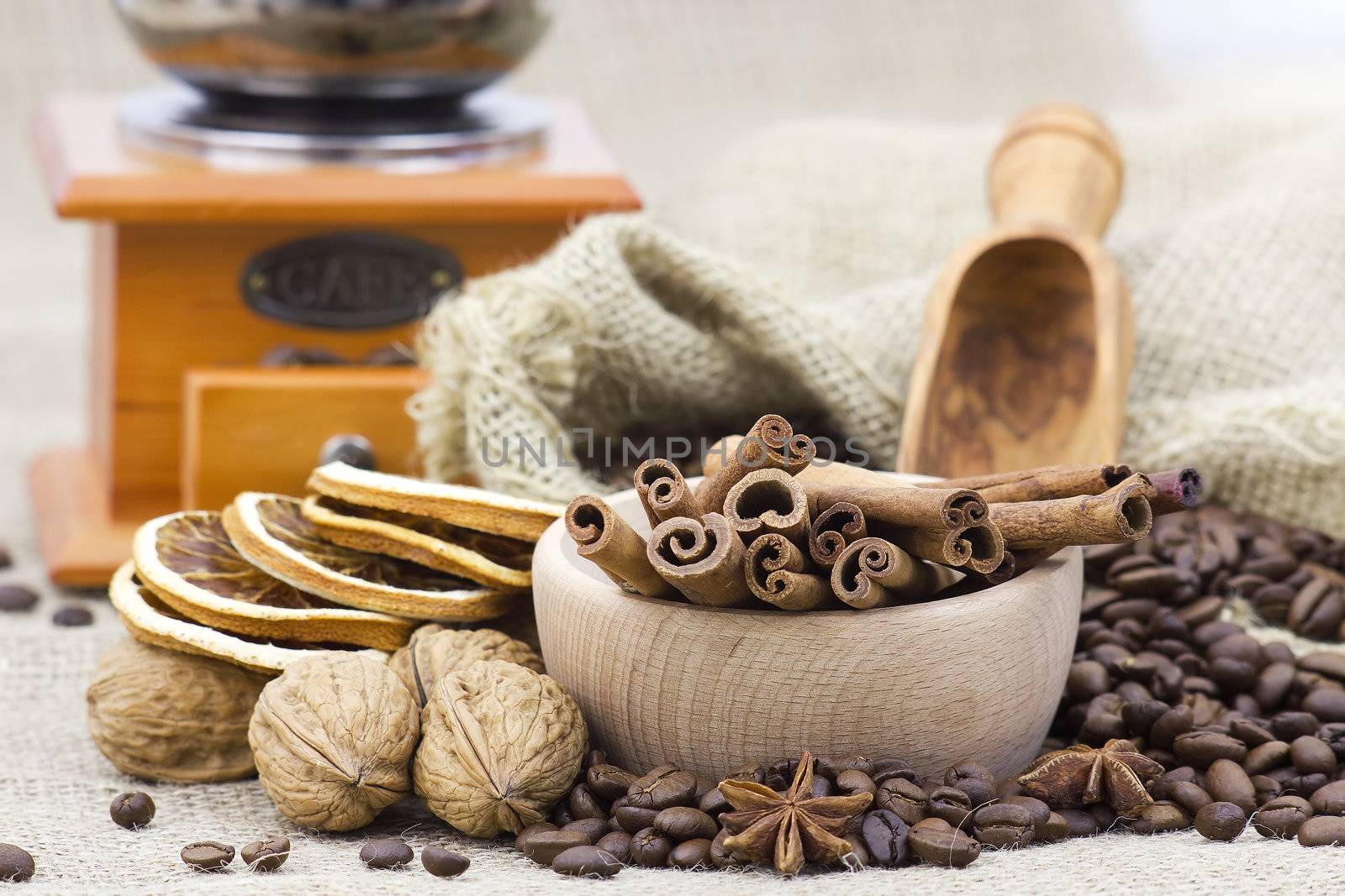 anise, cinnamon sticks, coffee beans, nuts, oranges