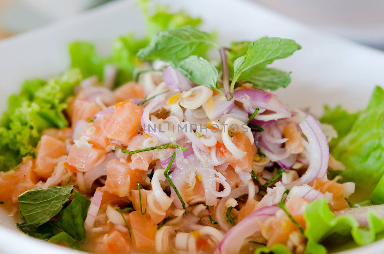close up of spicy salmon salad with  mixed  vegetable