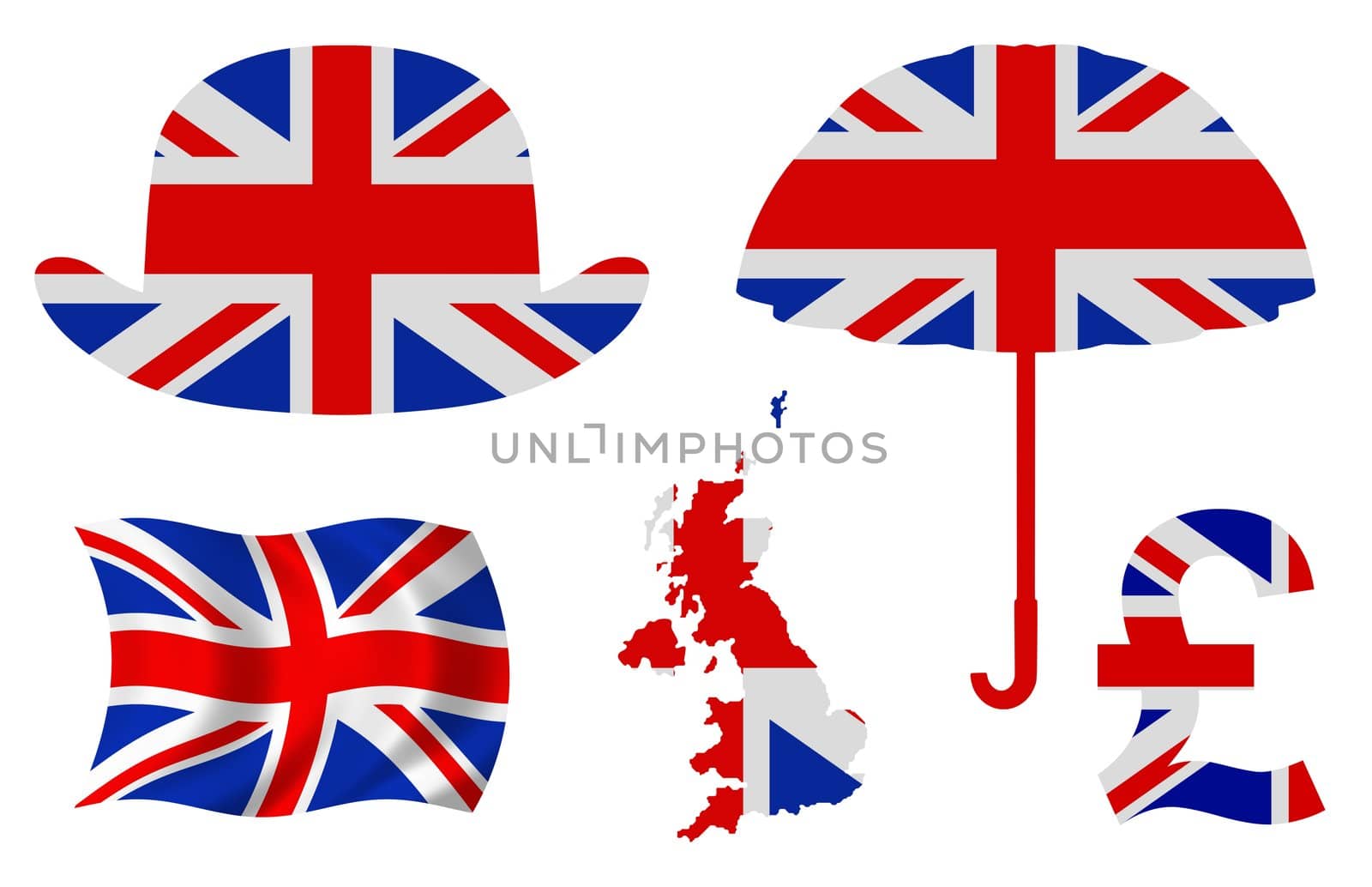 Illustration of five United Kingdom related items