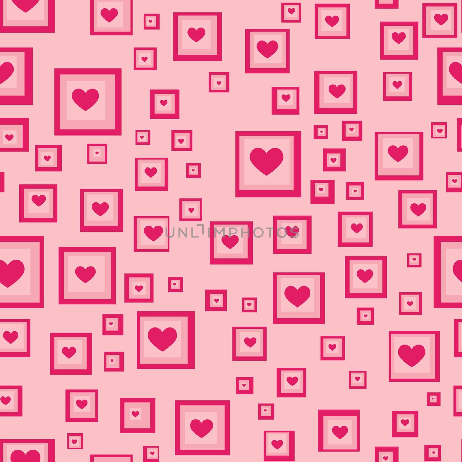 Illustrated retro background containing squares filled with heart shapes