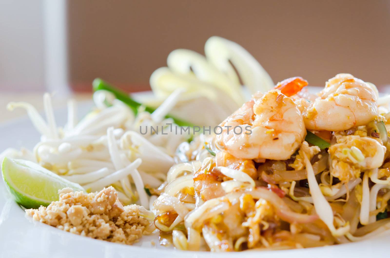 Favorite Thai cuisine ,  Stir fry noodles with shrimp , egg and vegetable