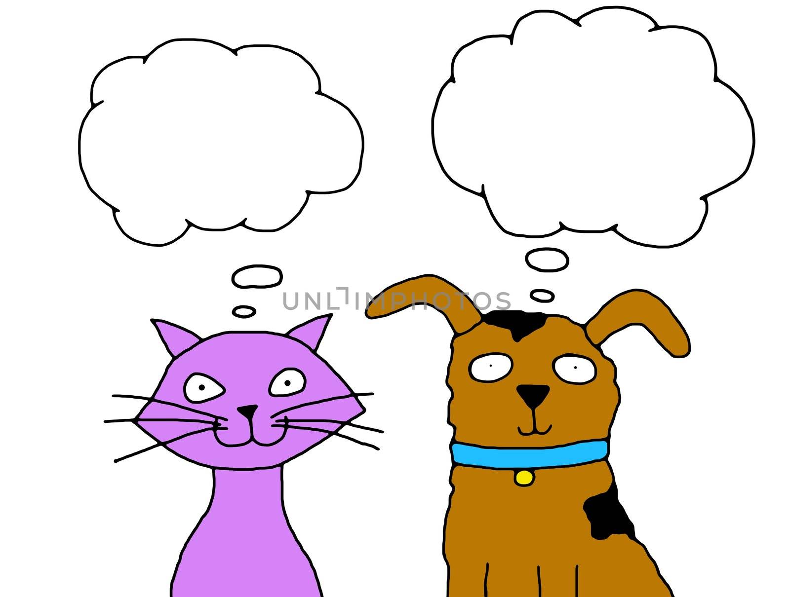 Illustration of a Cat and Dog with thought bubbles