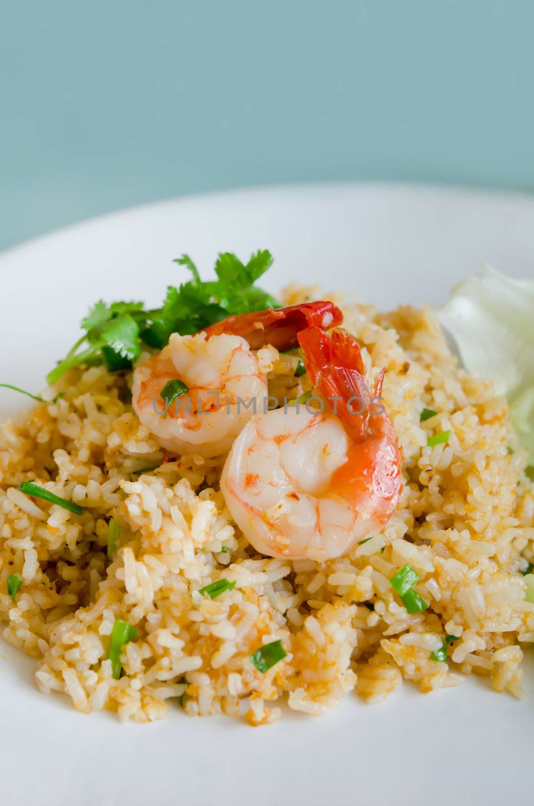 shrimp over fried rice on dish