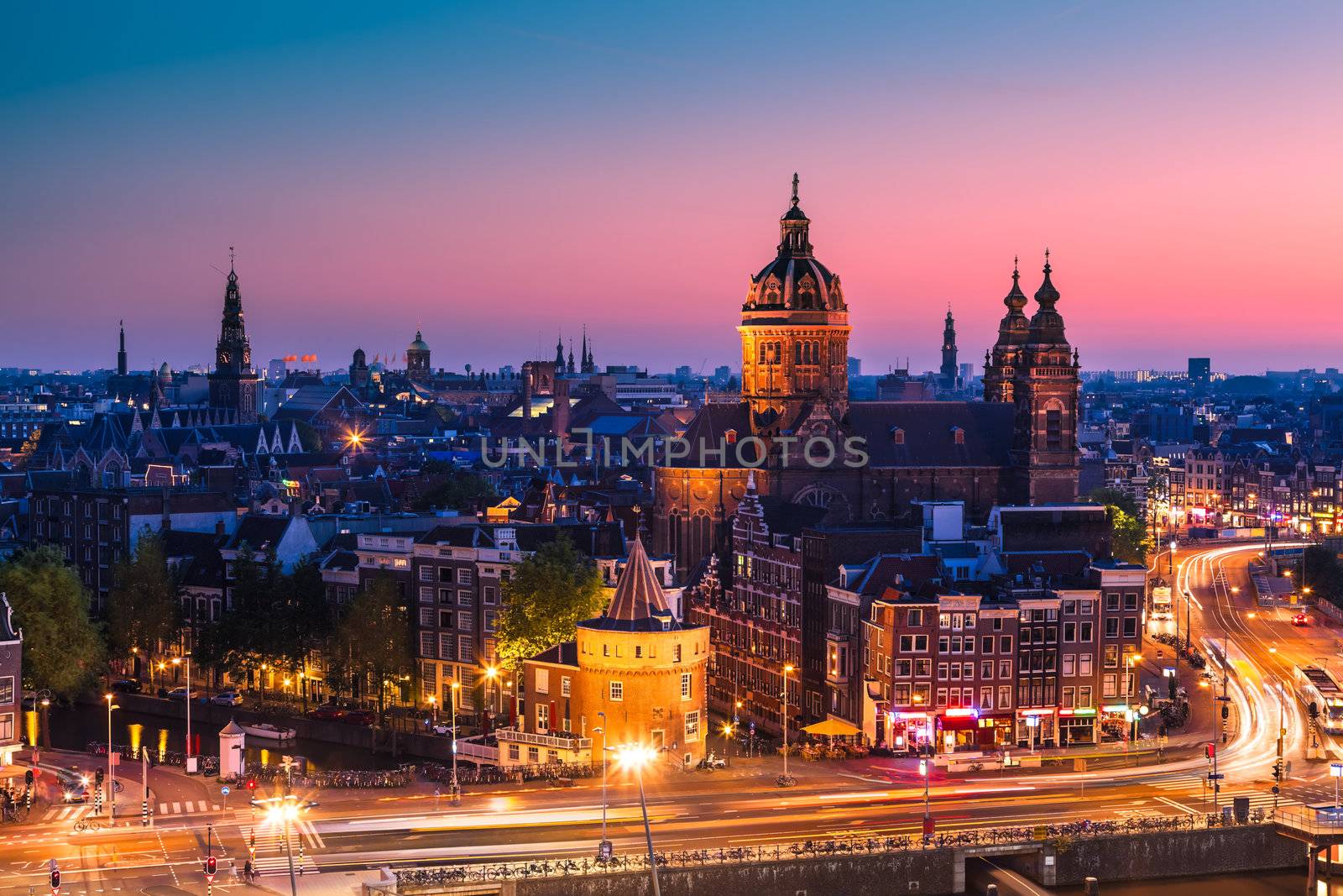 Amsterdam skyline shortly after sunset (the Netherlands)