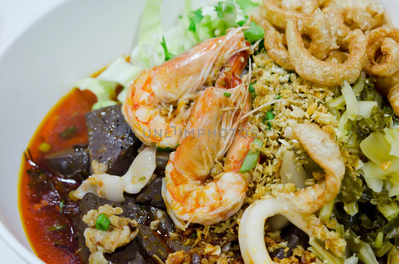 rice noodles with spicy pork and seafood sauce , favorite food , north of Thailand