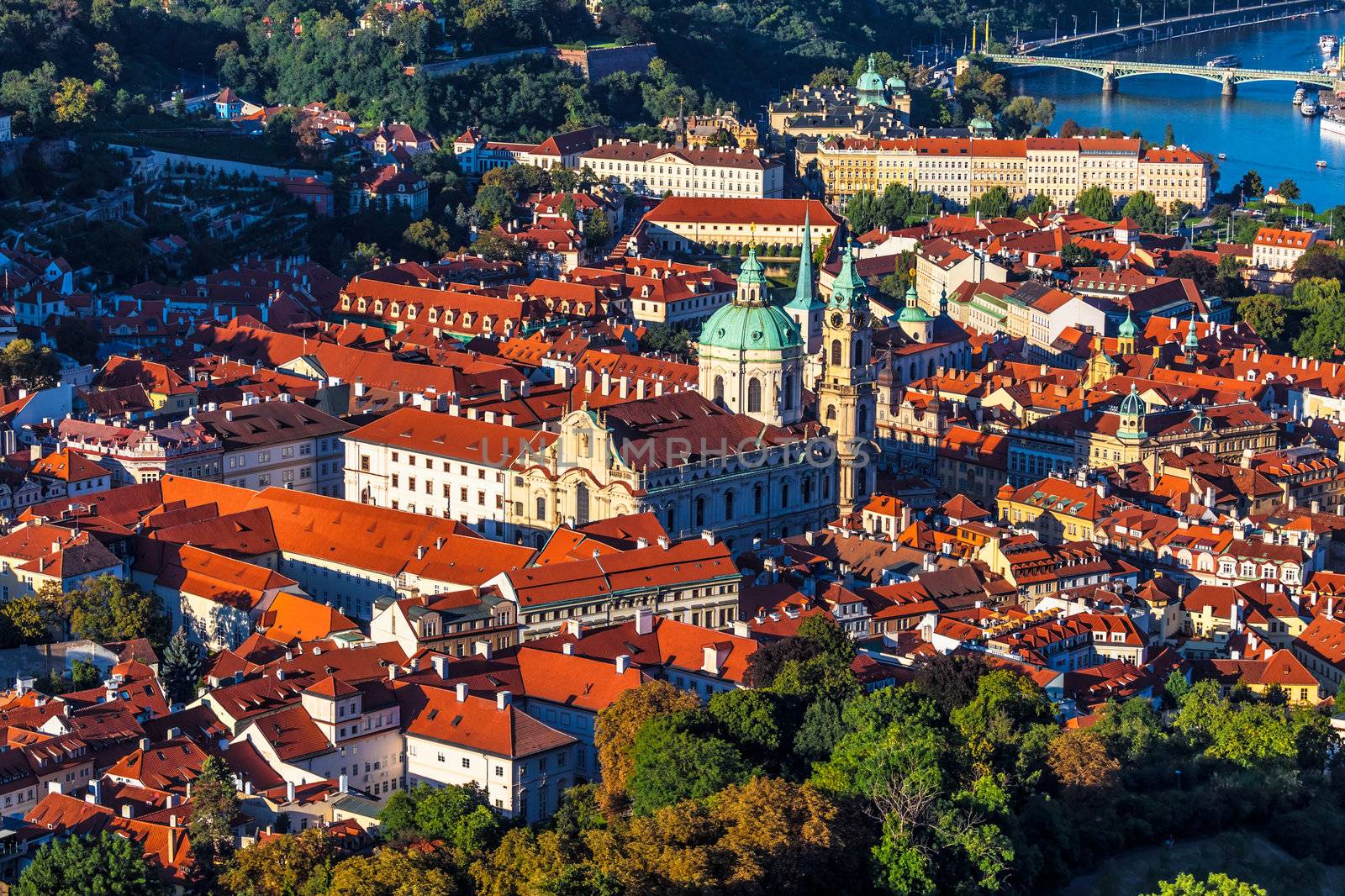 Aerial view of Mala Strana in Prague, with the Church of St. Nicholas
