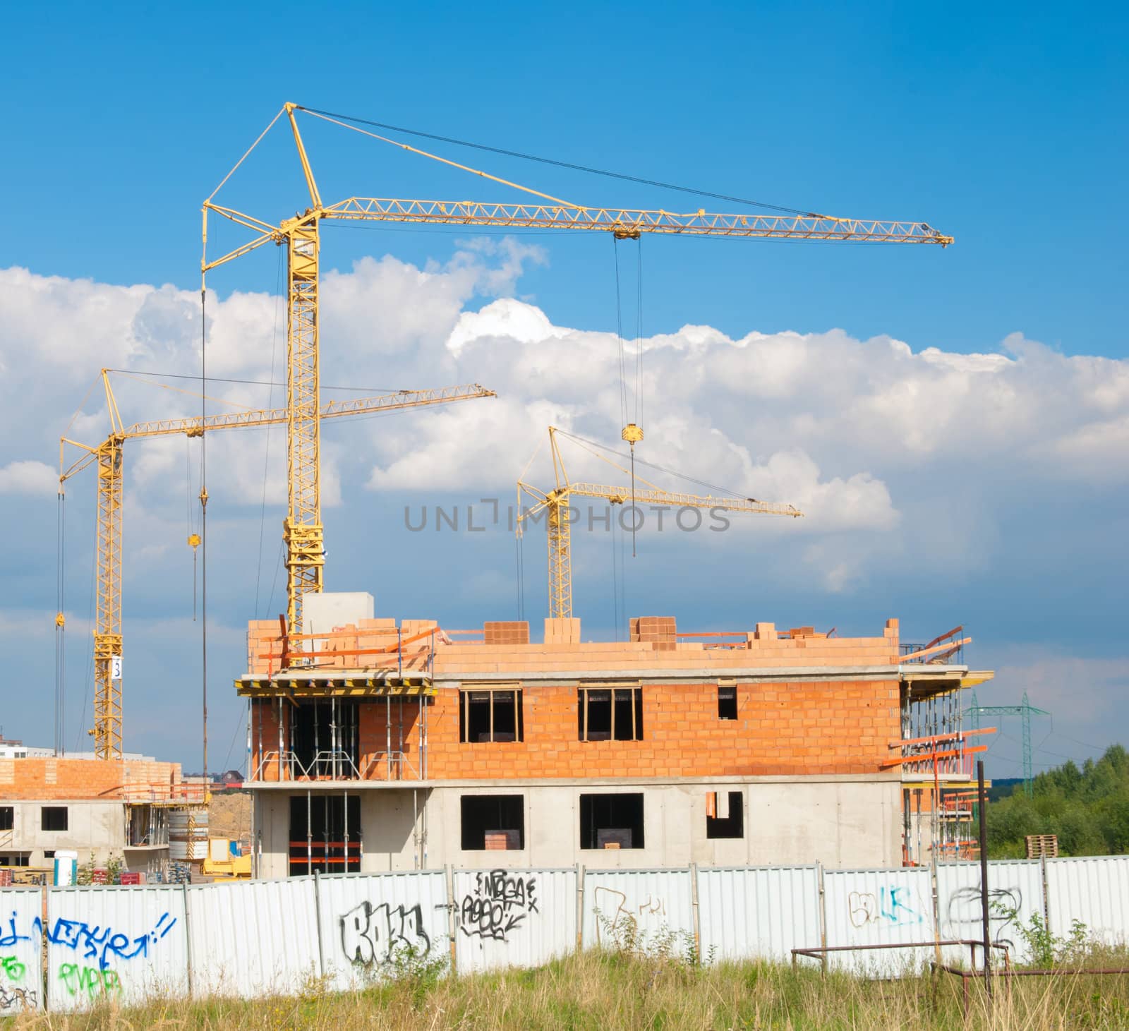 Cranes over New Family Houses under Construction