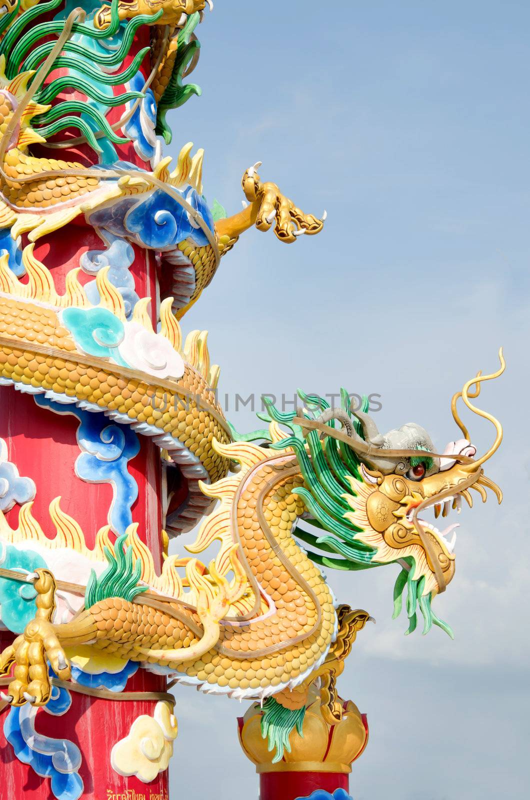 chinese art , golden  dragon with sky background