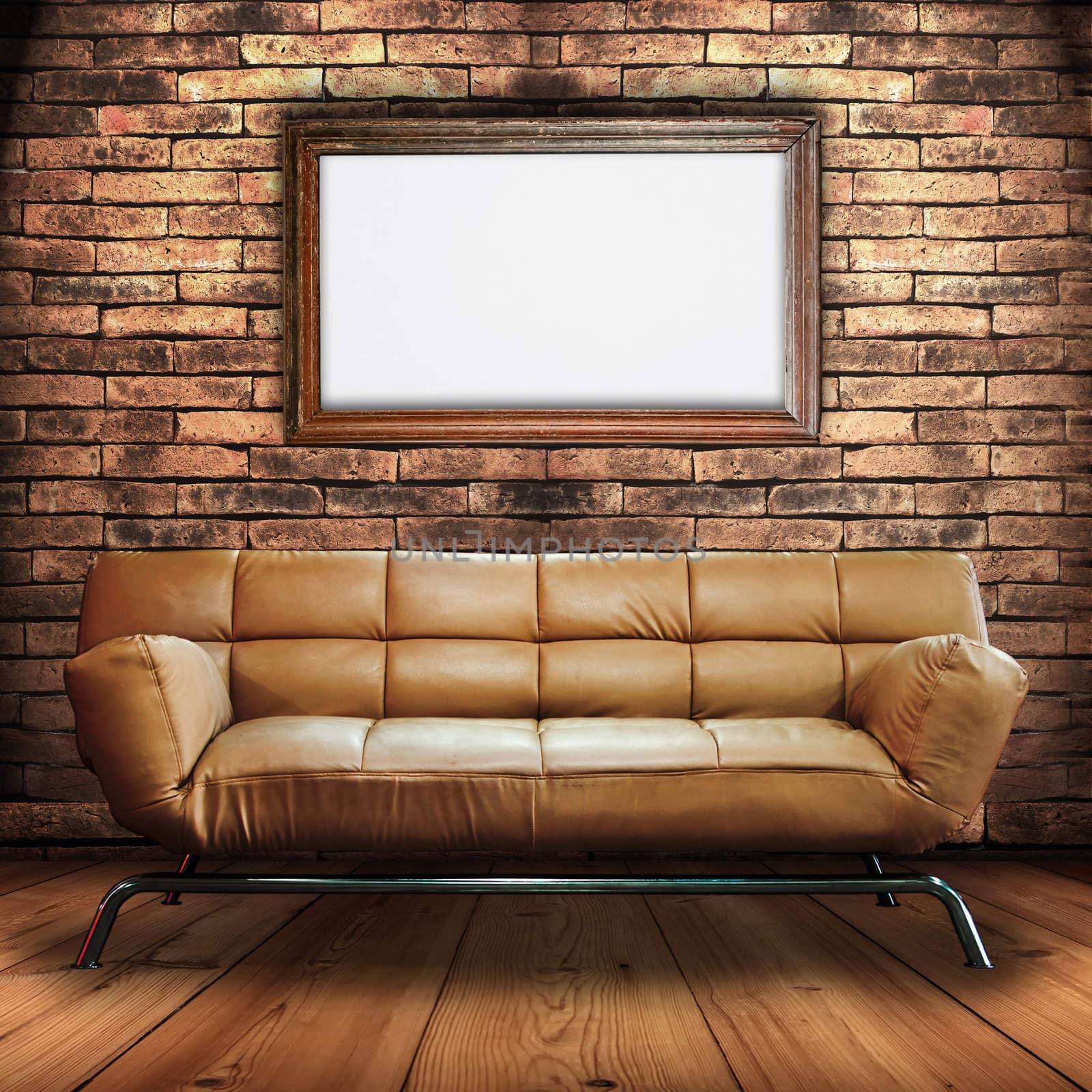 Leather Sofa on Wood Floor and Wood frame Sign in Brick Wall Room