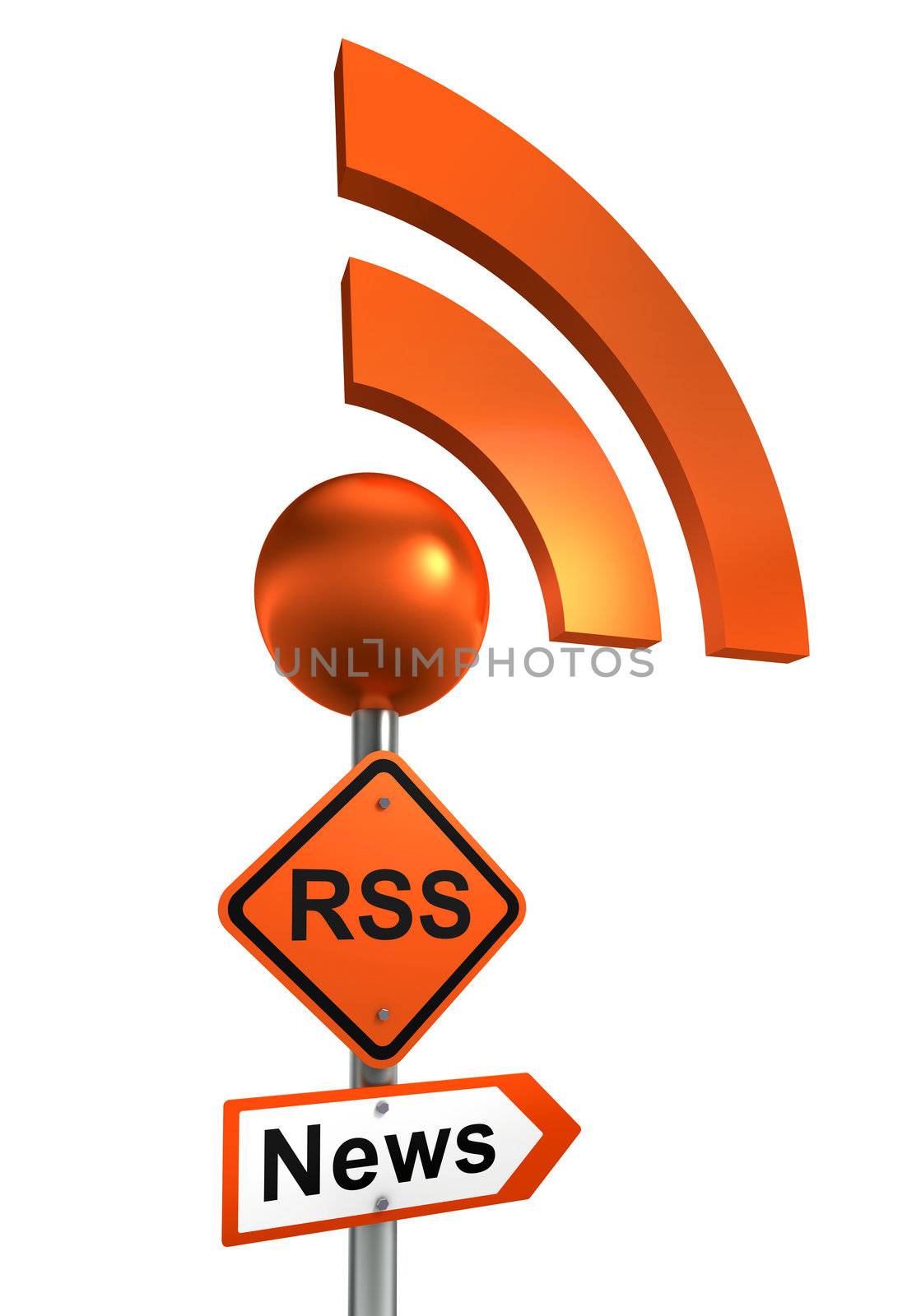 rss road orange sign on pole on white background