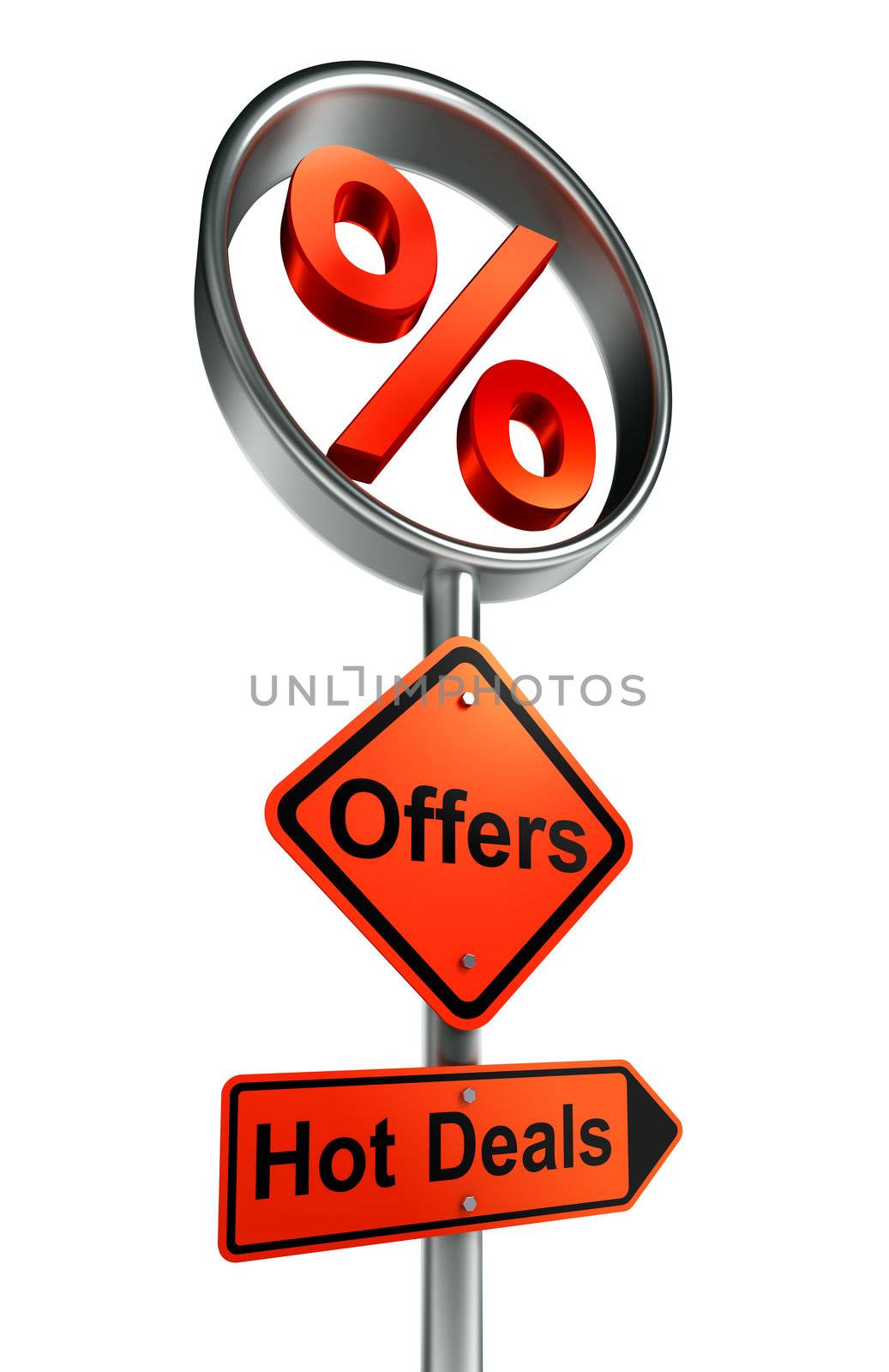 offers road sign with discount symbol and word hot deals on white background.clipping path included