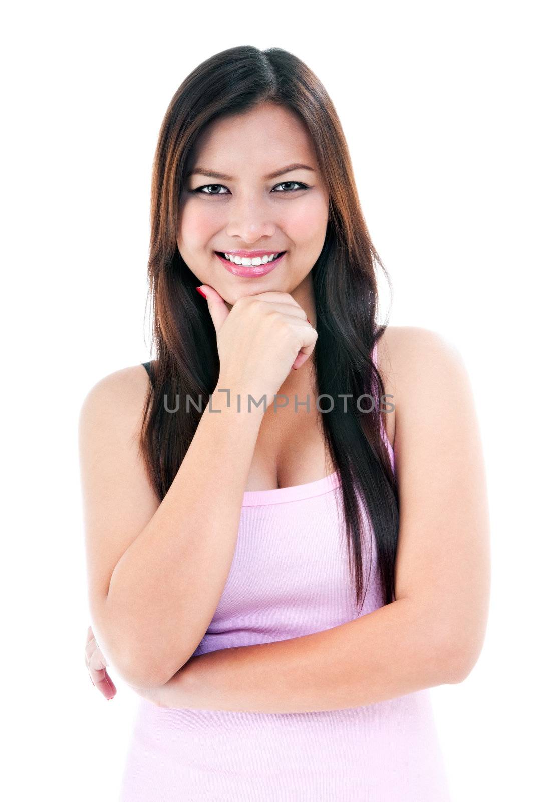 Portrait of an attractive young Asian woman smiling,  isolated on white.