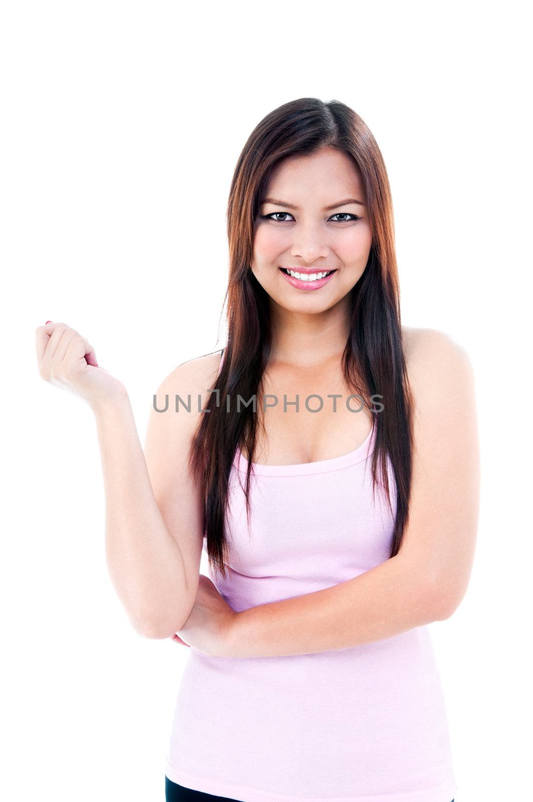 Portrait of beautiful young woman smiling, isolated on white.