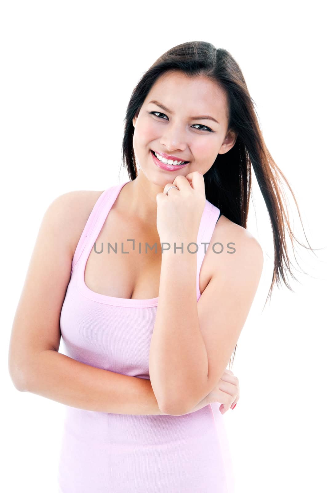 Portrait of an attractive young Asian woman smiling, isolated on white.