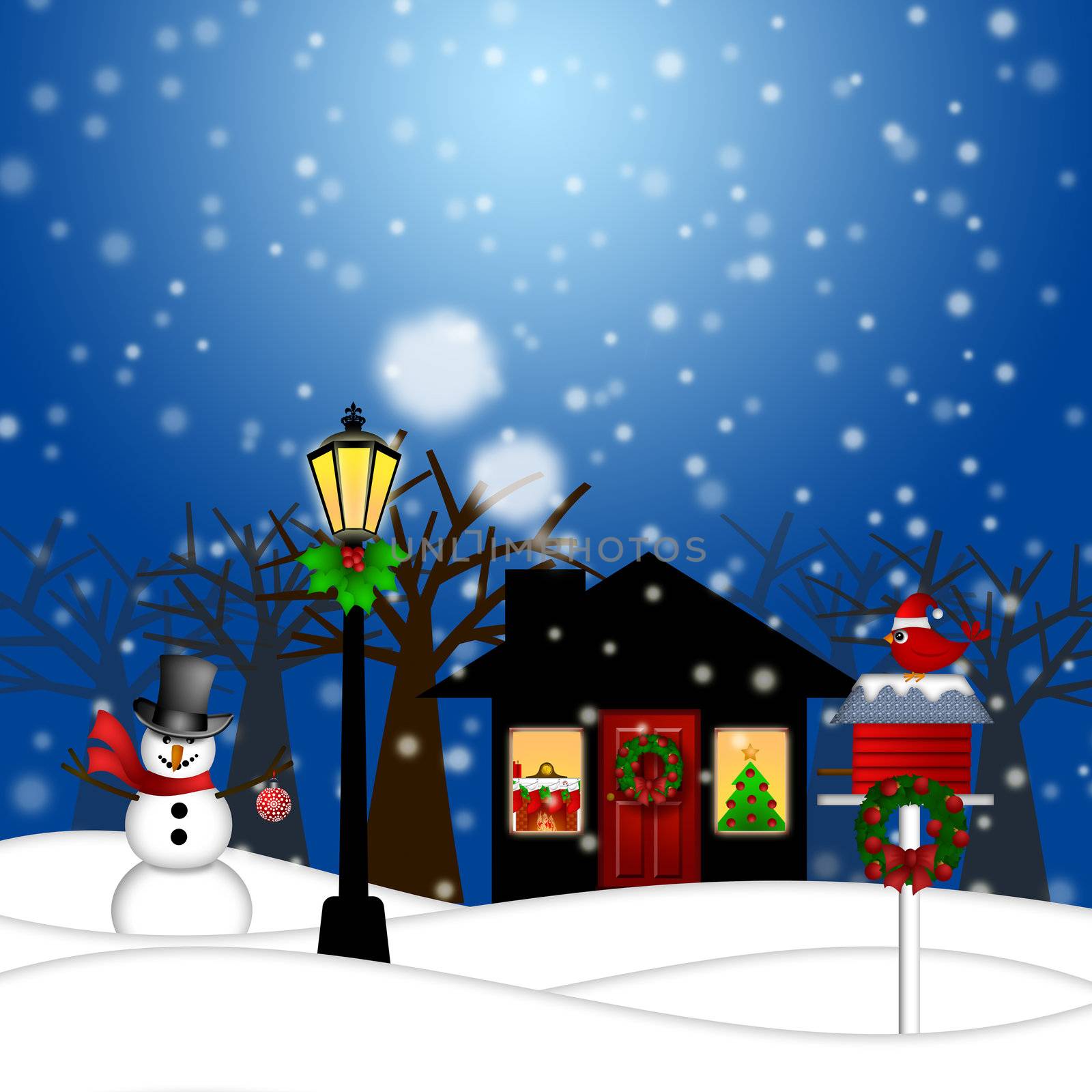 House with Lamp Post Snowman and Birdhouse Christmas Decoration in Snowing Winter Scene Landscape Illustration