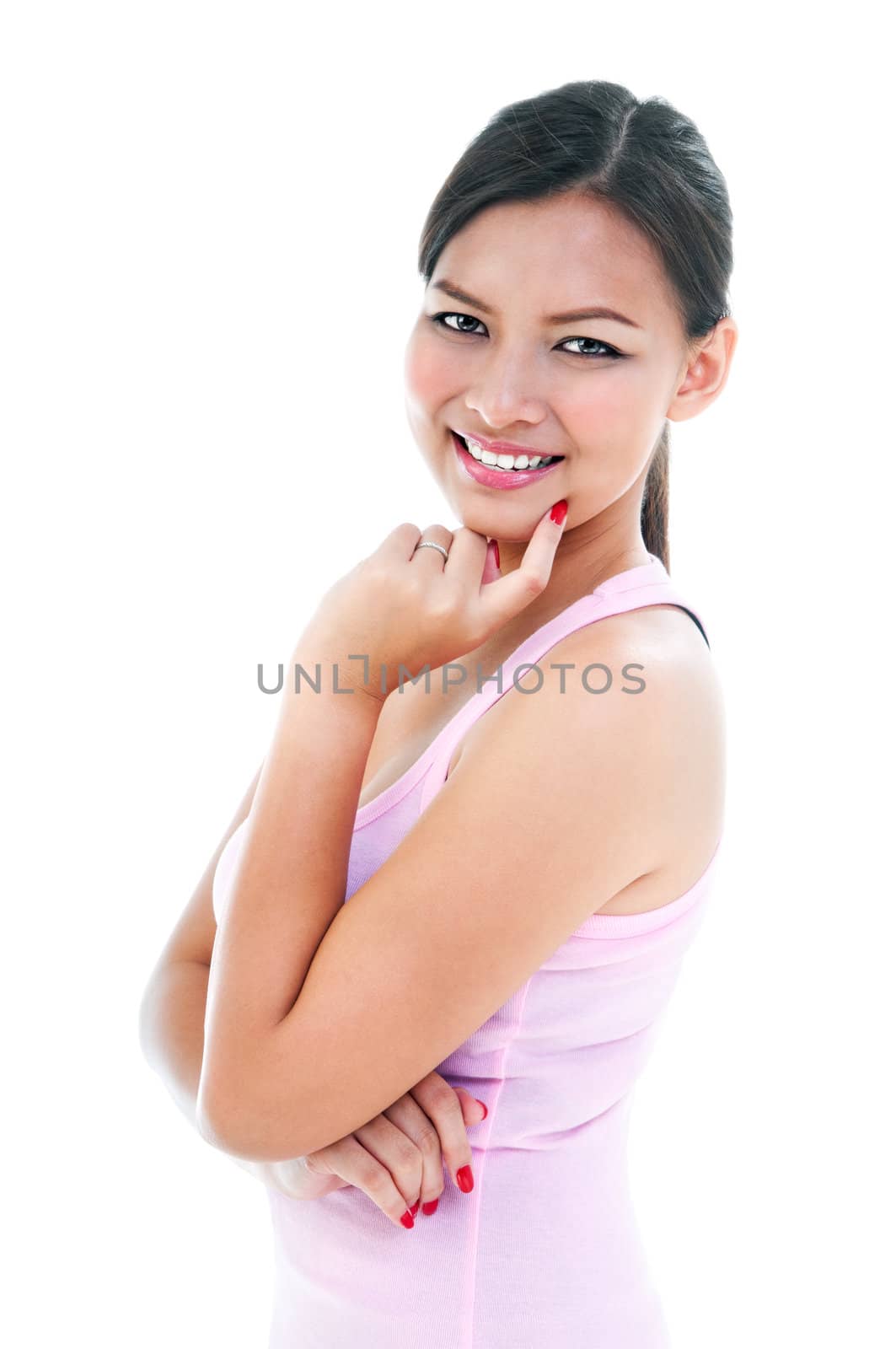 Young beautiful woman smiling over white background