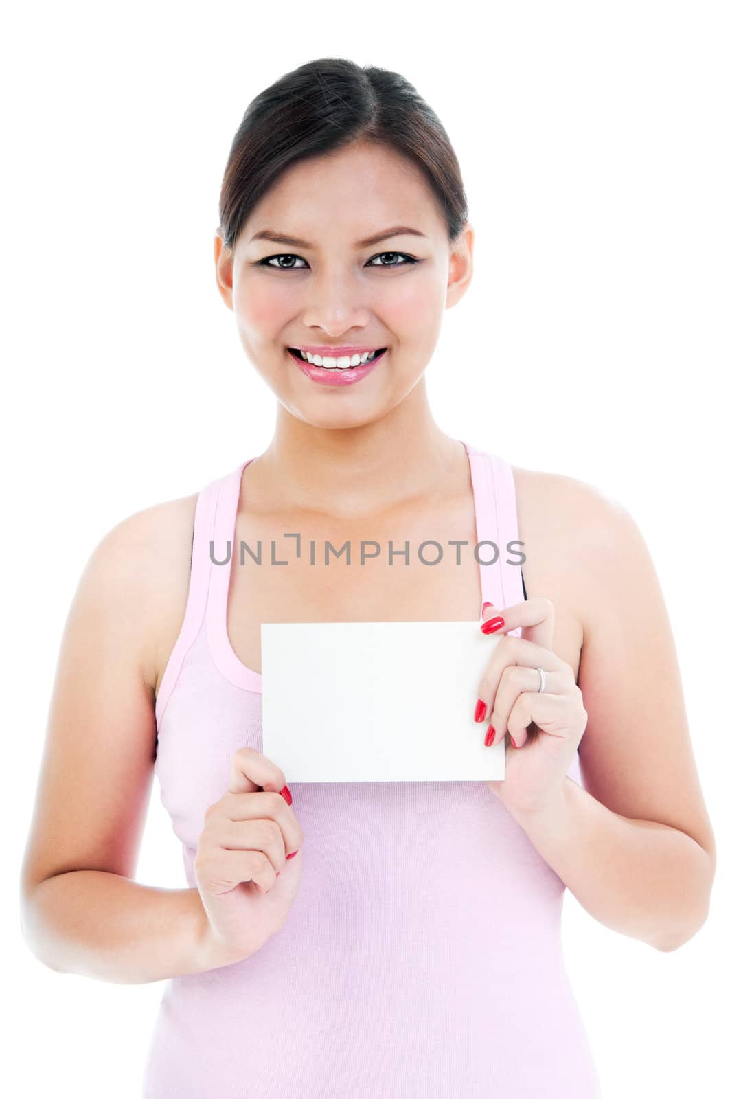 Young Healthy Woman Holding Blank Card by williv