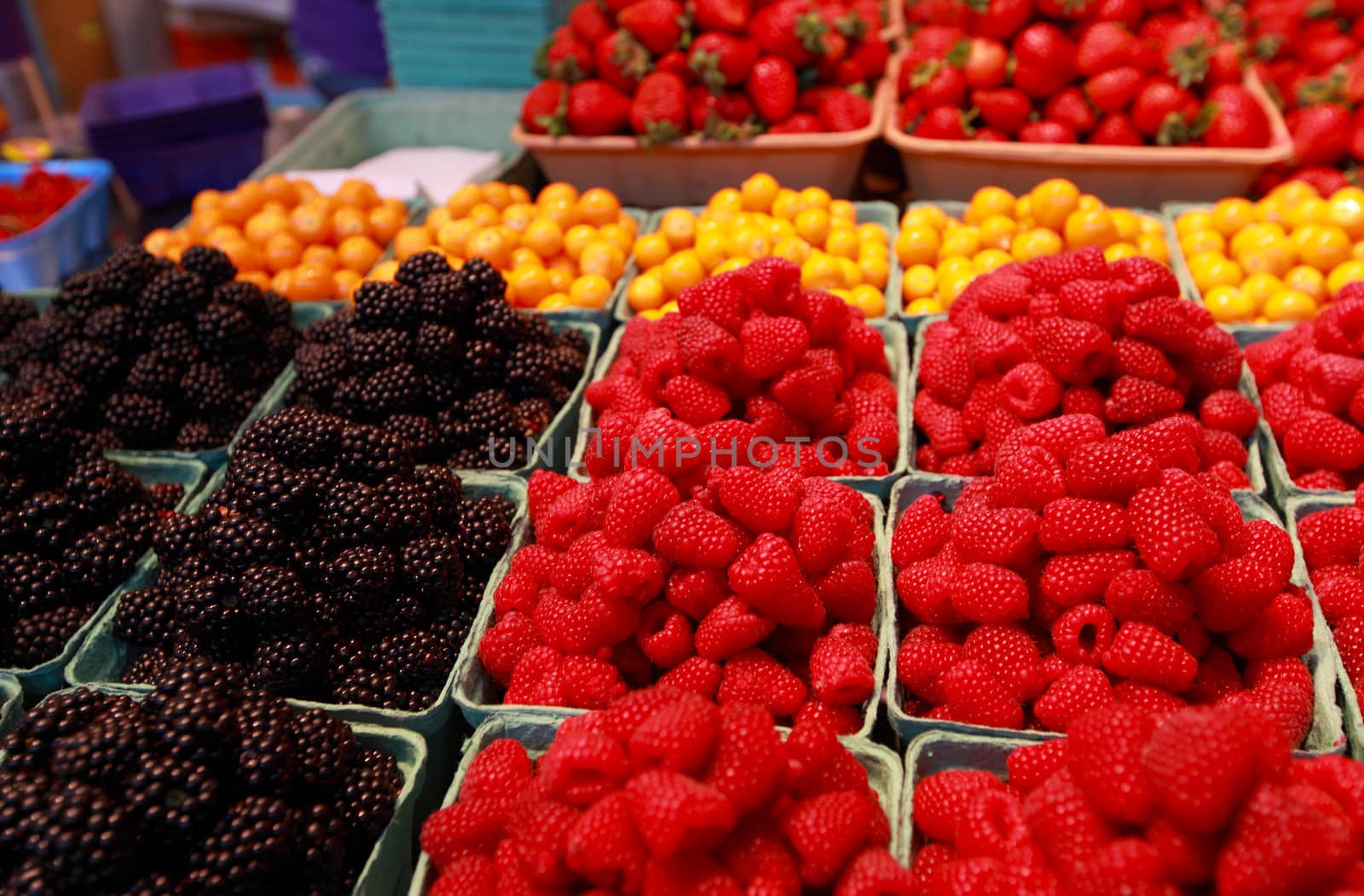 fresh raspberries at the market by njene