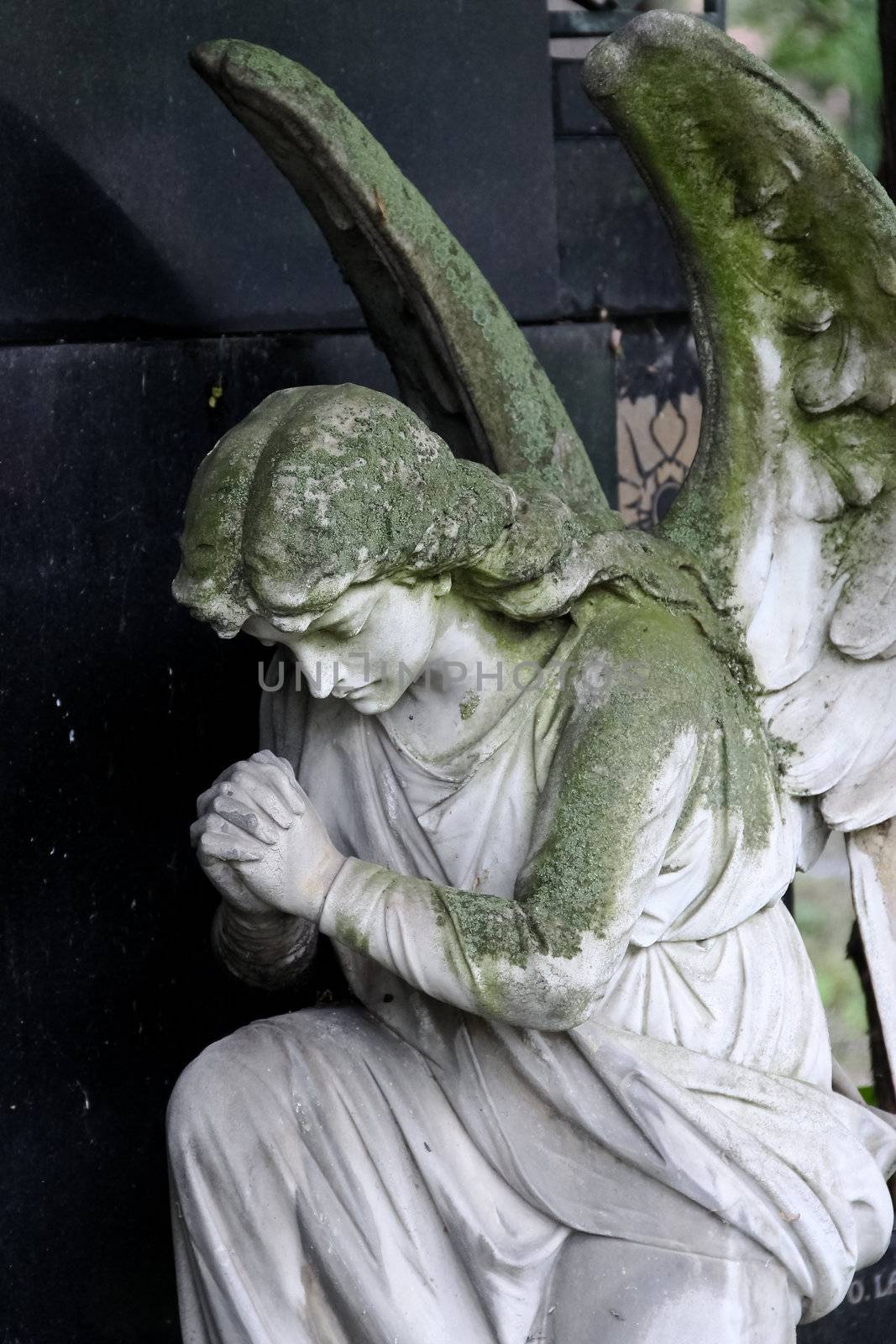 A praying angel in front of a tombstone in Vienna's central cemetery