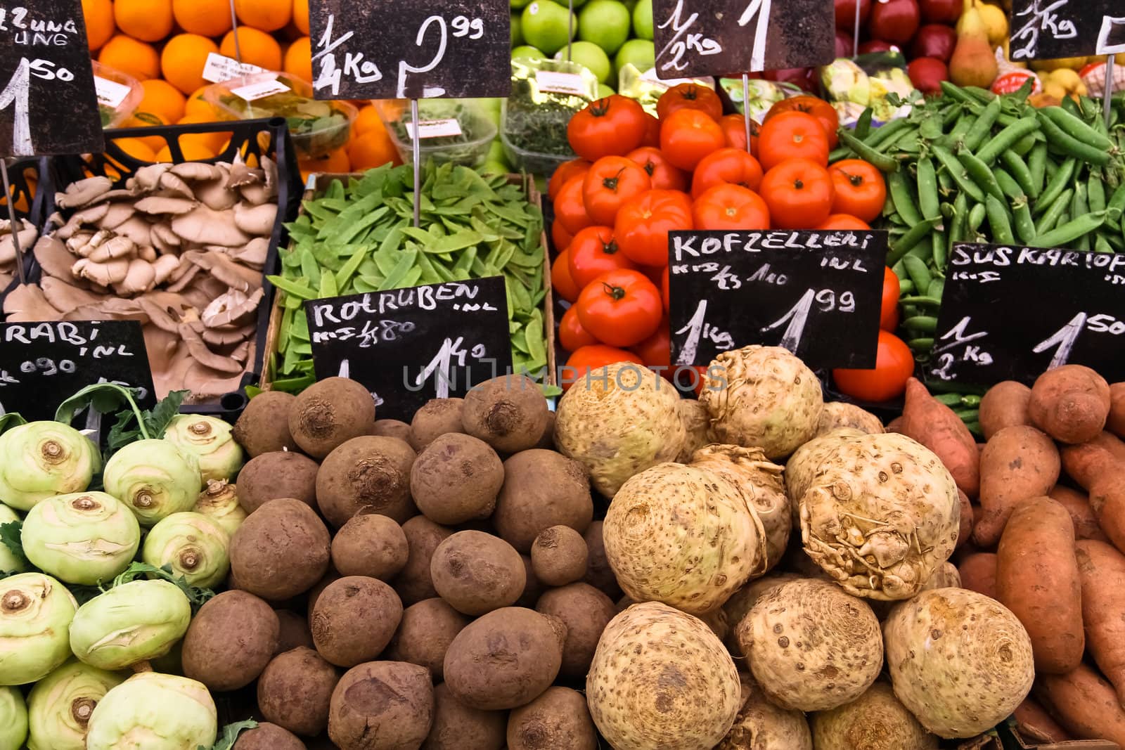 Different types of vegetables on a market