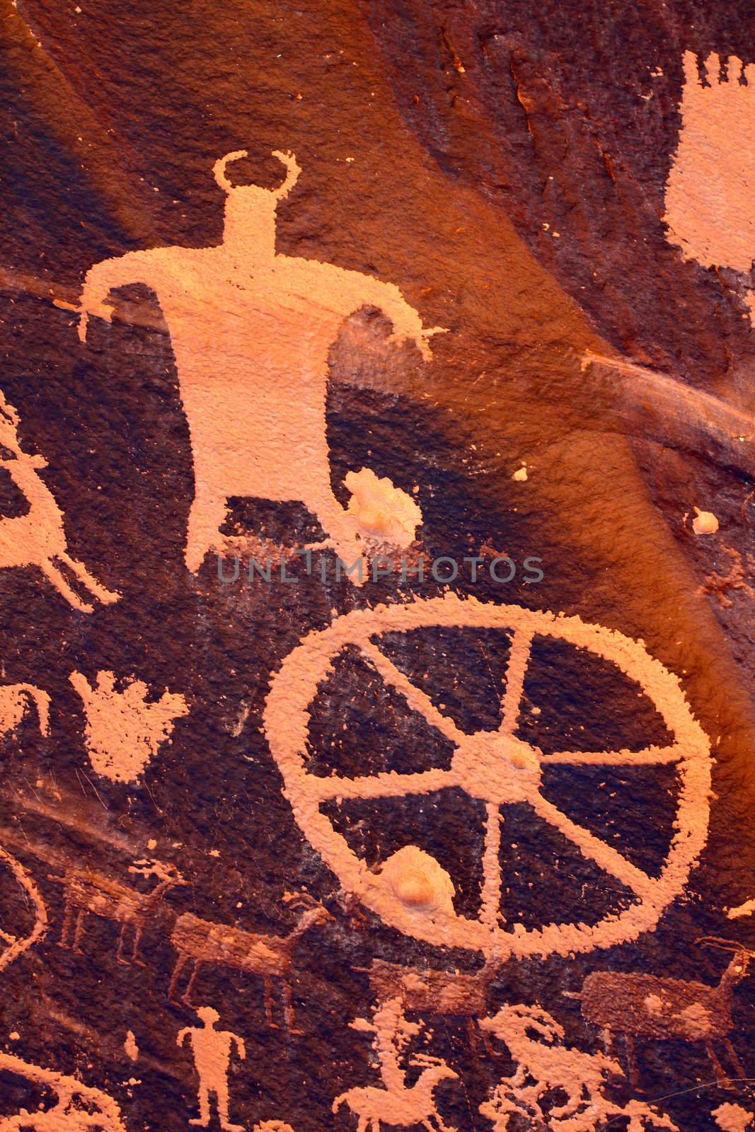 Petroglyphs seen on famous Newspaper Rock in Utah - USA.