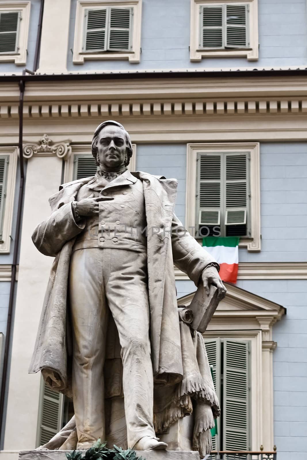 Vincenzo Gioberti monument at Piazza Carignano with Carignano Theater in the background, Torino, Italy