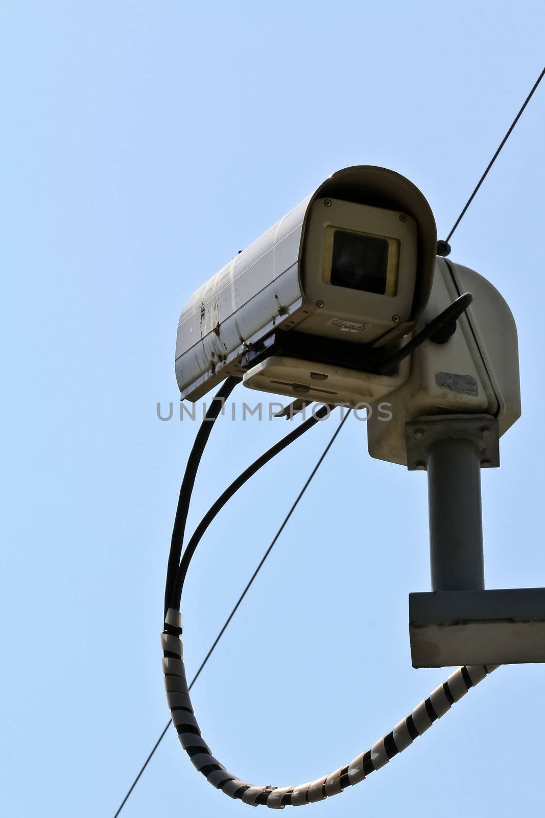 A public surveillance camera in Vienna with dirt on it