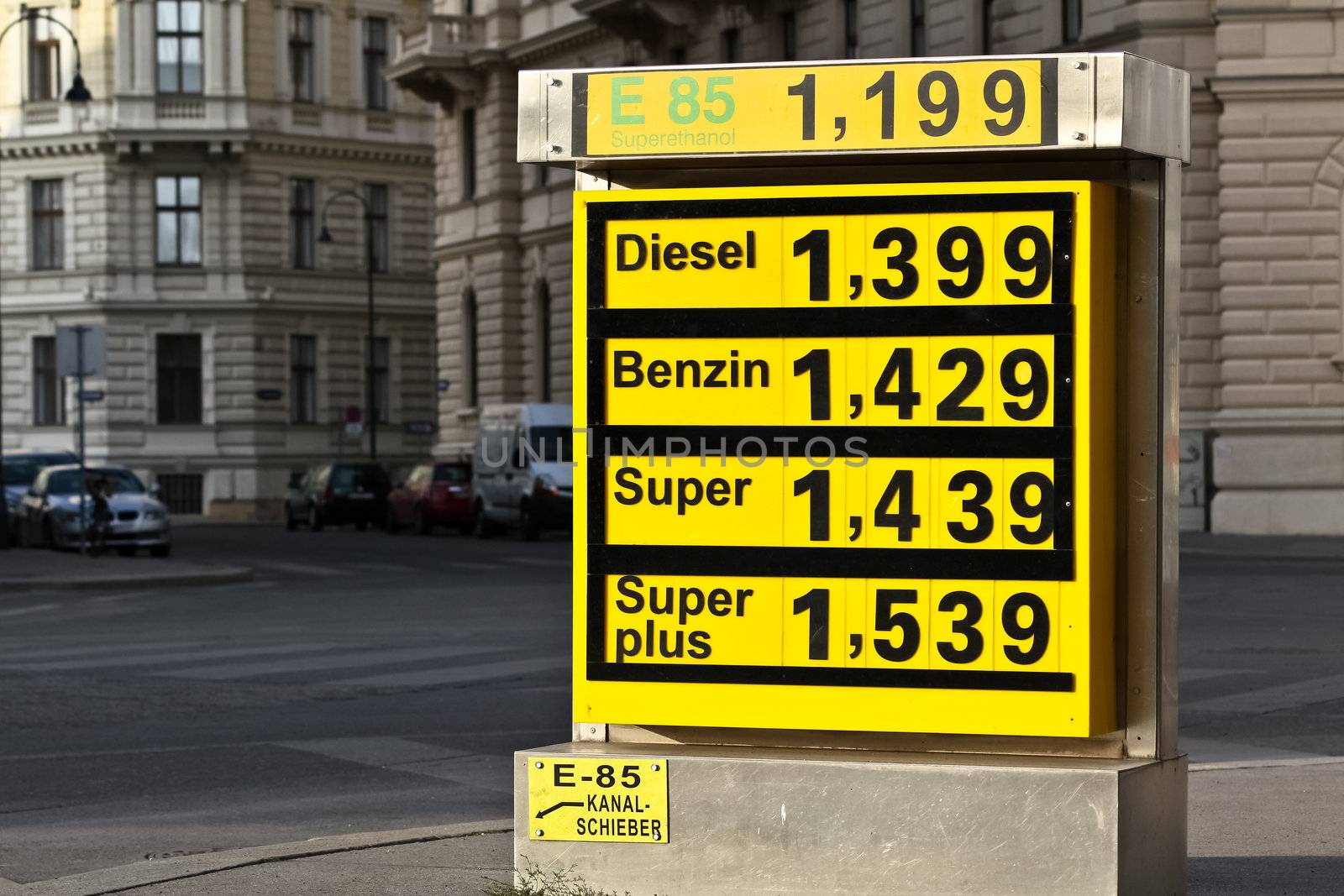 A display of gas prices in front of a central station in Vienna
