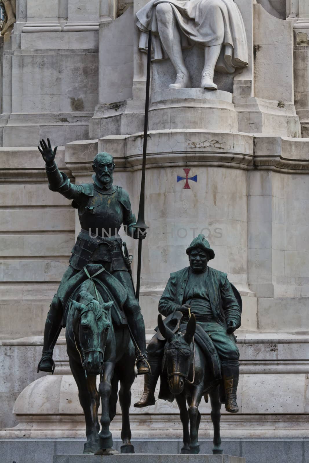 The famous monument of Cervantes' figures Don Quijote and Sancho Panza in Madrid (Spain Square)