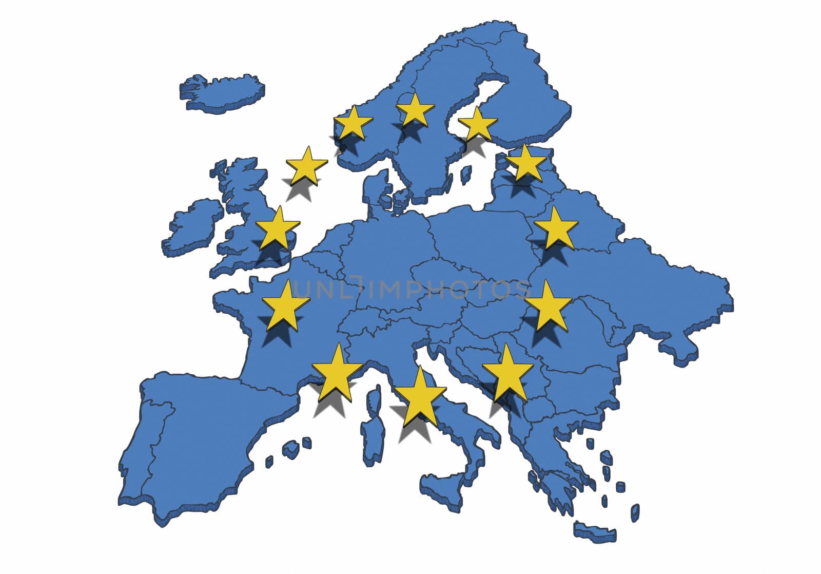 Map of the Europe with blue color and yellow stars. Symbol for the European Union.