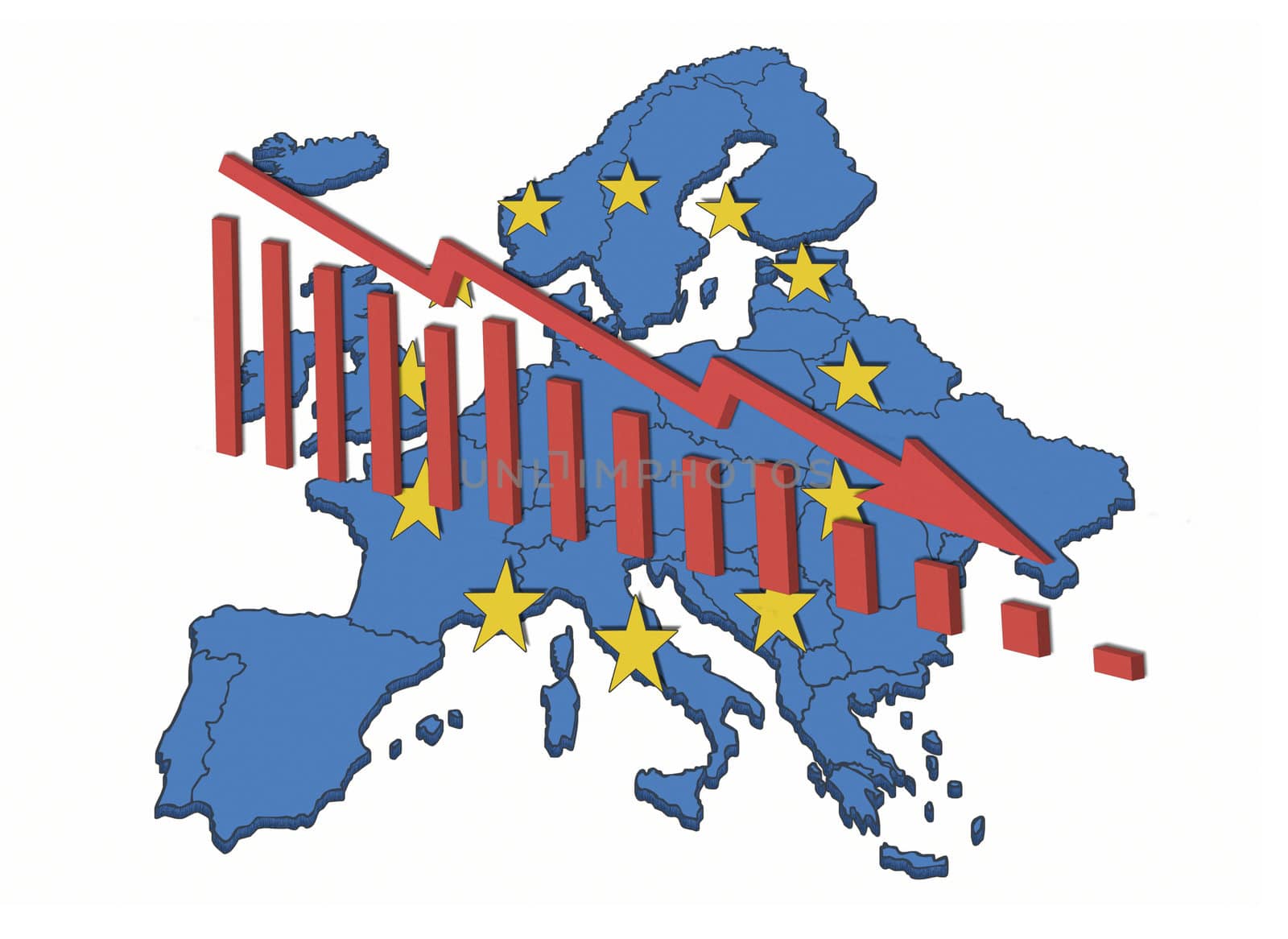 Illustration of declining trends in the European Union and the Euro. European map with symbols and declining diagram.